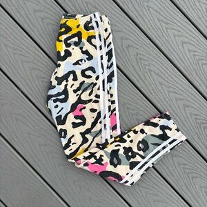 Adidas Kids Leopard Print Joggers with White Stripes - Size 13-14